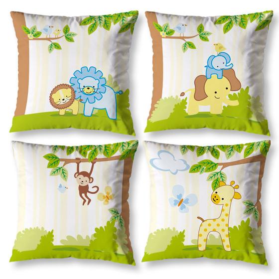 Imagem de Kit 4 Capas de Almofadas Infantil Decorativa 40cmx40cm Selva