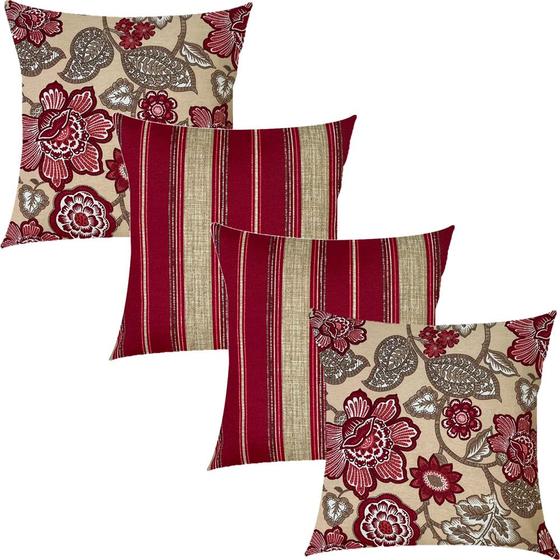 Imagem de Kit 4 Capas de Almofadas Maxi Floral e Listras Marsala 45x45cm