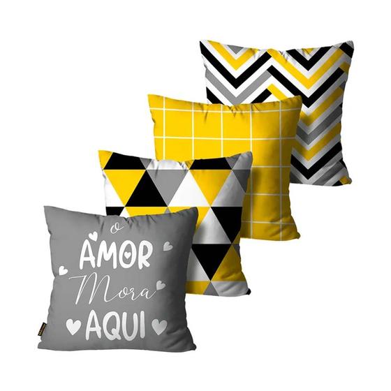 Imagem de Kit 4 Capas de Almofadas O Amor Mora Aqui Amarelo e Cinza