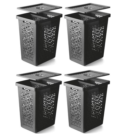 Imagem de Kit 4 Cestos Multiuso 55 Litros Preto Com Tampa e Cesto Interno 6 Lts UZ373PR UzUtil