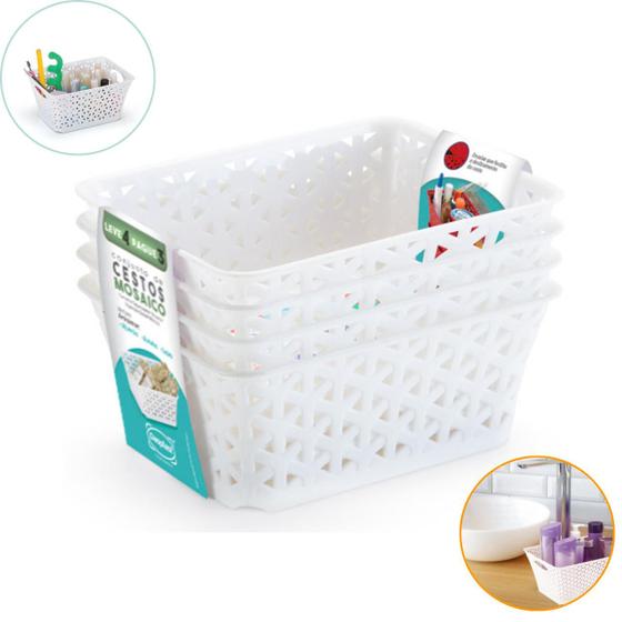 Imagem de Kit 4 Cestos Organizadores Mosaico Retangular 650 Ml Branco