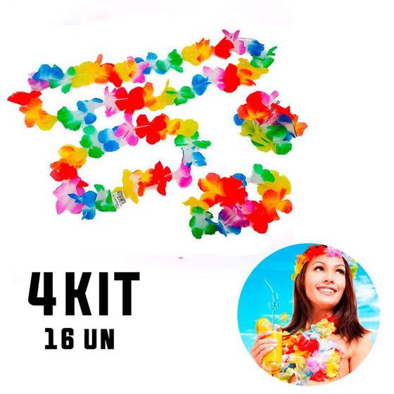 Imagem de Kit 4 Colar Havaiano Tradicional Completo Pacote C/ 16un