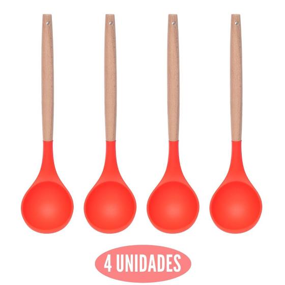 Imagem de Kit 4 Colher Silicone Arroz Vermelho Resistente Cabo Bambu