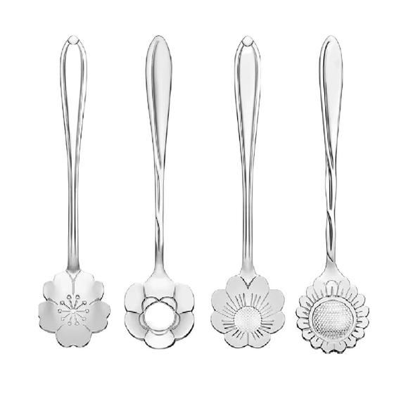 Imagem de Kit 4 Colheres De Flores Prata Aço Inox Para Chá E Café