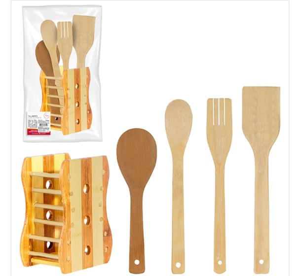 Imagem de Kit 4 colheres utensílios culinária madeira bambu ecologicosuporte cozinha