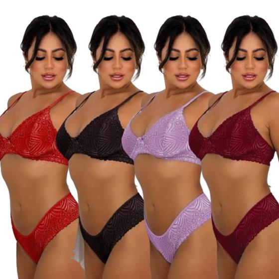 Imagem de Kit 4 Conjunto Lingerie Feminino Com Arco Sem Bojo De Renda Calcinha E Sutiã Moda Íntima Linha Noite