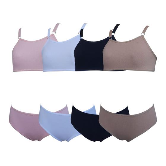 Imagem de kit 4 Conjunto Menina Calcinha E Sutiã Juvenil Algodão Lisos - Multicolorido
