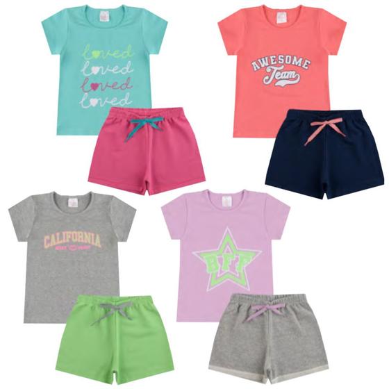 Imagem de Kit 4 Conjunto Verão Básico Infantil Feminino Camiseta Blusinha e Shorts em Algodão + Cotton Roupa Menina Tam 04 06 08