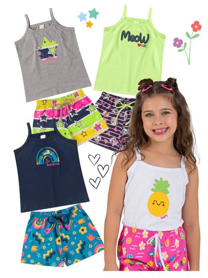 Imagem de Kit 4 Conjuntos Infantil Menina Verão Blusa de Alcinha e Shorts com Elástico Malha com Elastano