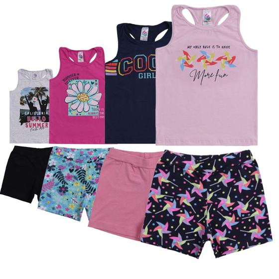 Imagem de Kit 4 Conjuntos Regatas e Shorts em Cotton de Verão Infantil Laycra Roupas de Menina Feminina