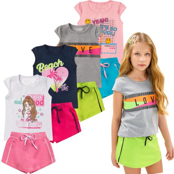 Imagem de Kit 4 Conjuntos Verão Infantil Juvenil Feminino Blusinha Neon e Shorts Saia em Moletinho Roupa Menina Tamanhos 04 - 16