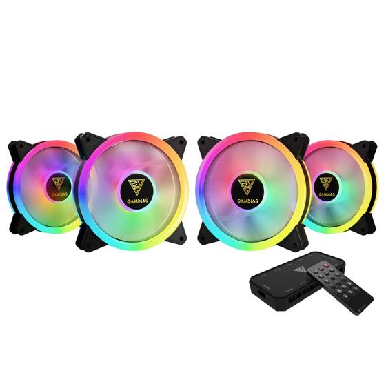 Imagem de Kit 4 coolers 120mm gamdias aeolus m2 1204r, rgb, controladora + controle, preto - aeolus m2-1204r