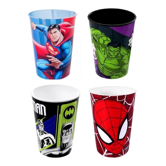 Imagem de Kit 4 Copo 320ml Plasútil Batman Super Homem Aranha e Hulk Infantil