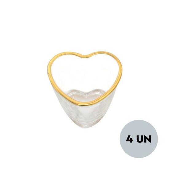 Imagem de Kit 4 Copo de Shot Coração Vidro com Borda Dourada 50ml Lyor