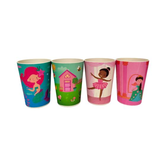 Imagem de Kit 4 Copo Infantil Estampado Menina Fibra de Bambu BPA Free