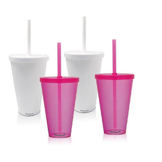 Imagem de Kit 4 Copos Com Tampa E Canudo Branco E Rosa