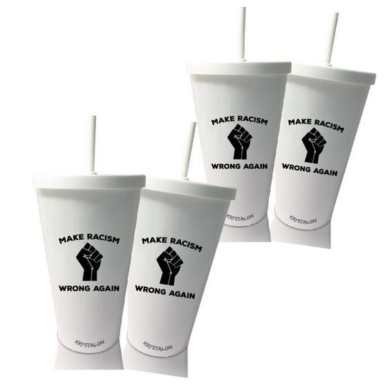 Imagem de Kit 4 Copos Com Tampa E Canudo Branco Make Racismo Wrong