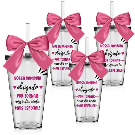 Imagem de Kit 4 Copos Convite Daminha 550ml  Transparente  Canudo
