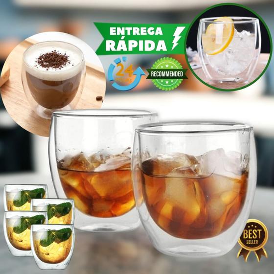 Imagem de Kit 4 Copos Duplo 250 ml De Vidro Bebida Quente E Fria Parede Dupla de Vidro  para Café Chá Suco