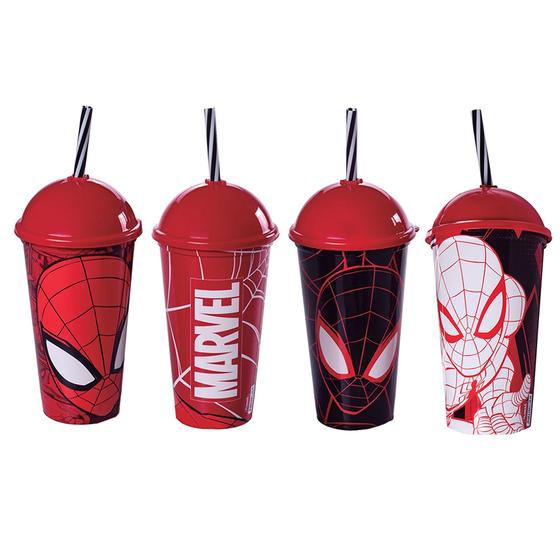 Imagem de Kit 4 Copos Milk Shake Homem Aranha Com Canudo 500ml