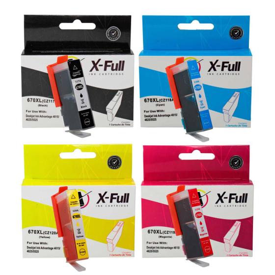 Imagem de Kit 4 Cores Cartucho de Tinta X-Full Compatível com 670xl 670 para 3525 4615 4625 5525 6520 6525