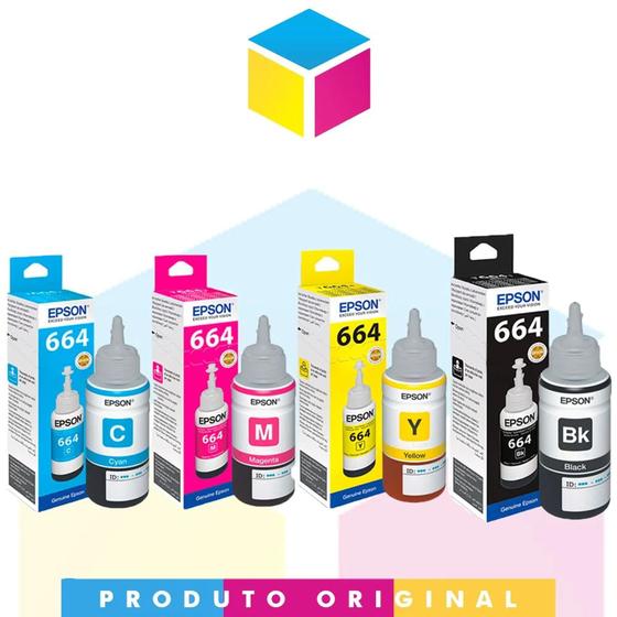 Imagem de Kit 4 cores refil de tinta original epson 664 L120 L1300 L395 664 T644 L396 L355 L555 L365 L355