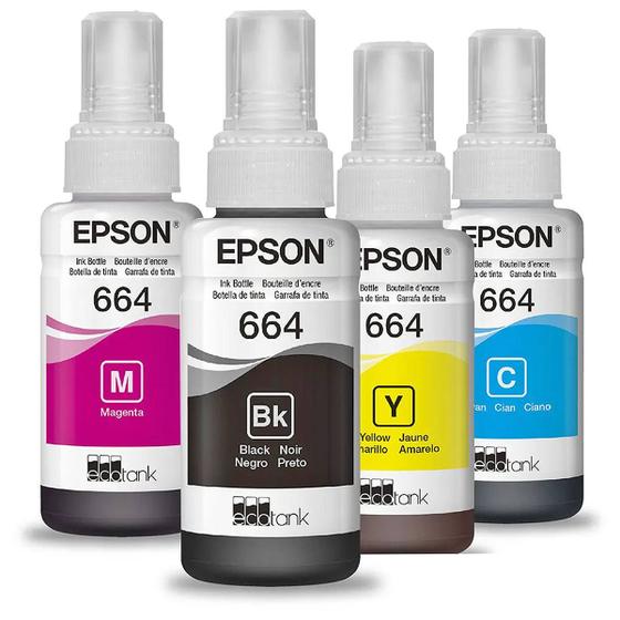 Kit 4 Cores Tinta Epson 664 T664 Original para Ecotank L200 L220 L355 L365 L375 L396 L455 L495 L555 L1300 4x70ml Menor preço em Kit 4 Cores Tinta Epson 664 T664 Original para Ecotank L200 L220 L355 L365 L375 L396 L455 L495 L555 L1300 4x70ml