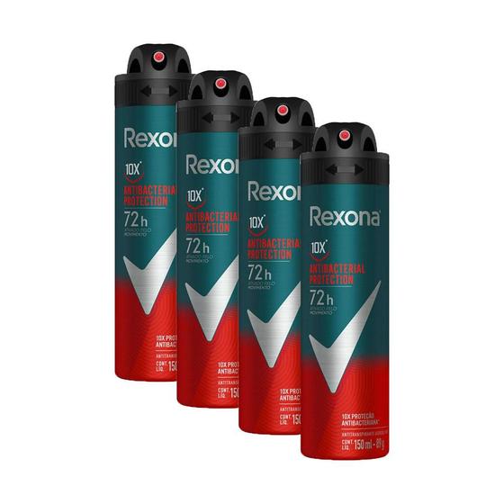 Imagem de Kit 4 Desodorantes Antitranspirantes Aerossol Rexona Men Antibacterial Protection 150ml cada
