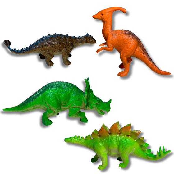 Imagem de Kit 4 dinossauros de Borracha Dino Jurássico Triceratops Alossauro Anquilossauro Brinquedo dia crianças