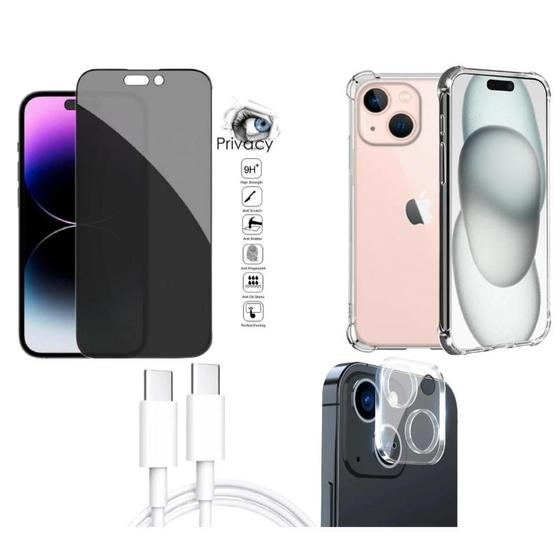 Imagem de Kit 4 em 1 Capa Transparente + Película 3D Privacidade + Película de Câmera + Cabo Tipo C para Iphone 15 Plus