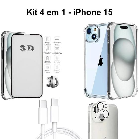 Imagem de Kit 4 em 1 Capinha Transparente + Película 3D Vidro + Película Câmera + Cabo Tipo C para Iphone 15