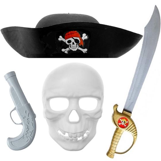 Imagem de Kit 4 em 1 Pirata Infantil Espada Chapéu Máscara e Pistola