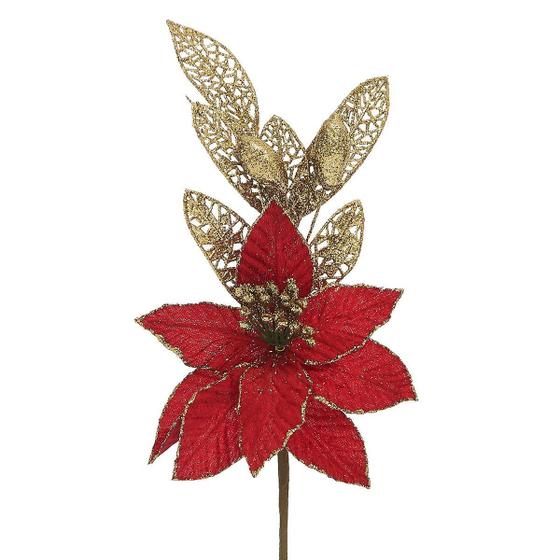 Imagem de Kit 4 Enfeite Natal Decorativo Poinsettia Vermelho Dourado