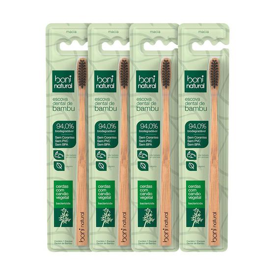 Kit 4 Escovas Dentais Naturais de Bambu com Cerdas de Carvão Vegetal Boni Natural Menor preço em Kit 4 Escovas Dentais Naturais de Bambu com Cerdas de Carvão Vegetal Boni Natural