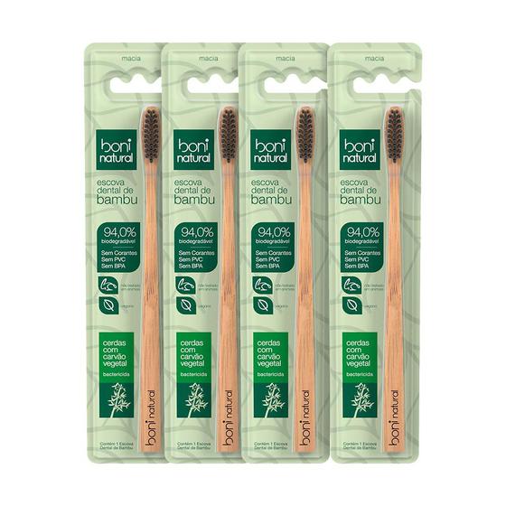 Imagem de Kit 4 Escovas Dentais Naturais de Bambu com Cerdas de Carvão Vegetal  Boni Natural