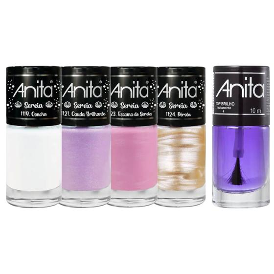 Imagem de Kit 4 Esmaltes Coleção Sereia + Top Brilho 10ml Anita