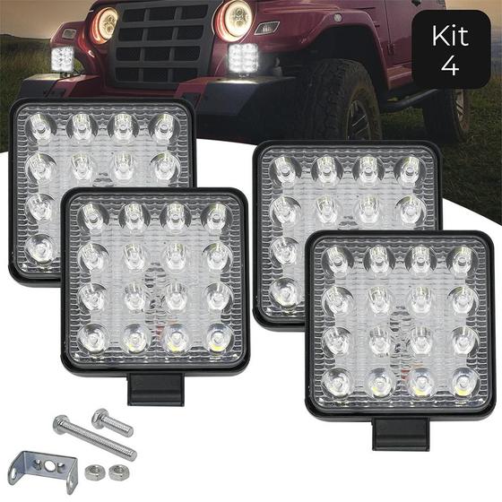 Kit 4 Farol Milha 16 Leds 48w 12v/24v Quadrado Off Road 6000k Menor preço em Kit 4 Farol Milha 16 Leds 48w 12v/24v Quadrado Off Road 6000k