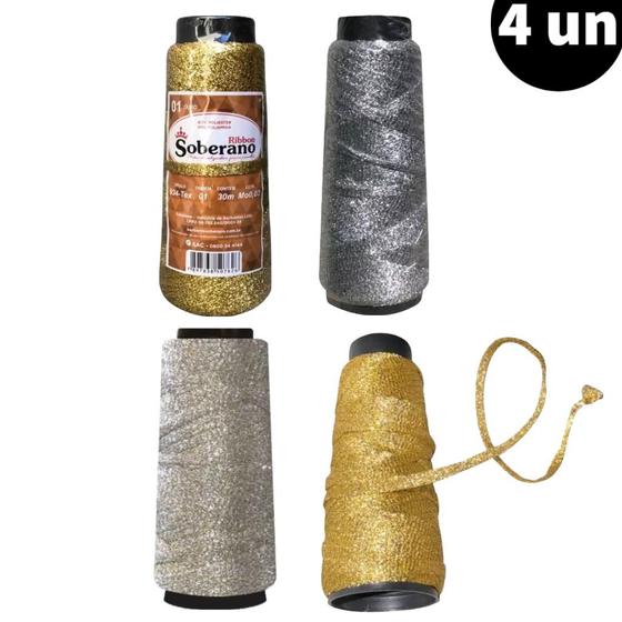 Imagem de Kit 4 Fio em Fita Ribbon Soberano com 30 Metros cada Cone Brilho Ouro e Prata Estilo Encanto para Fazer Bolsas, Cestas, Sousplat, Roupas e Tapetes