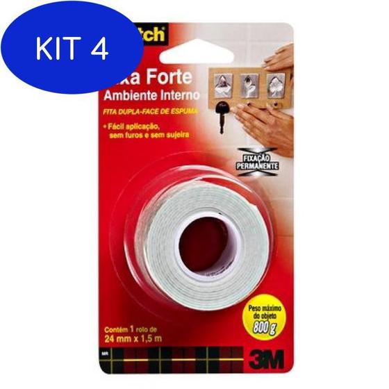 Imagem de Kit 4 Fita Dupla Face Fixa Forte 24mmx1,5 Uso Interno Scotch 3M