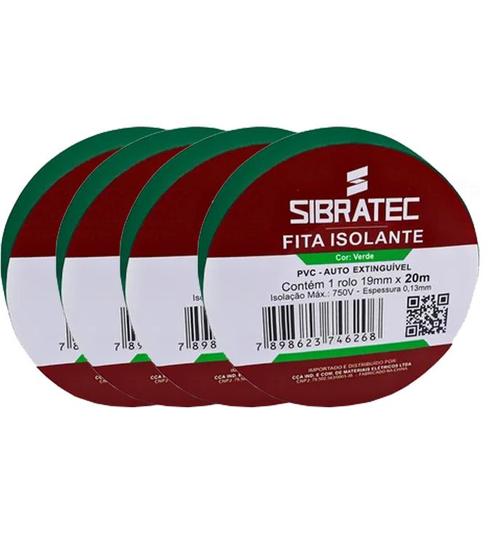 Imagem de Kit 4 fita isolante verde 19mm x 20mt sibratec