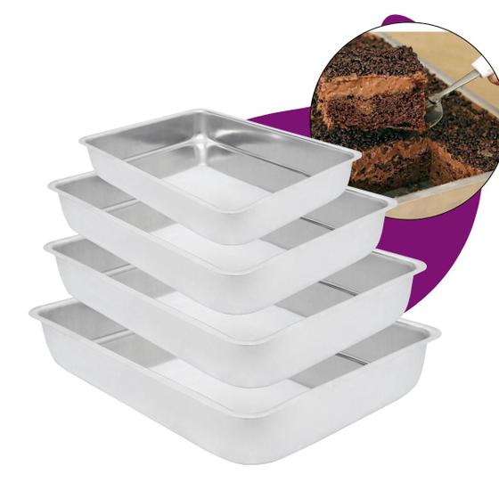 Imagem de Kit 4 Formas Assadeiras Retangulares de Alumínio Polido 0-1-2-3 Travessas Altas para Bolo, Pão, Torta, Carne, Padaria Cozinha Forno Elétrico e Fogão