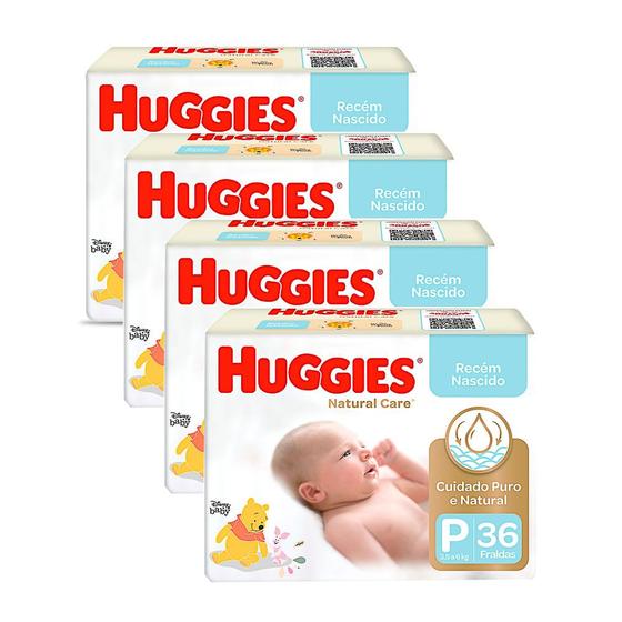 Kit 4 Fralda Huggies Natural Care Tamanho P 36 Fraldas Descartáveis cada Imagem de Kit 4 Fralda Huggies Natural Care Tamanho P 36 Fraldas Descartáveis cada