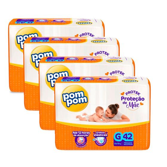 Imagem de Kit 4 Fralda Pom Pom Derma Protek Tamanho G com 42 Fraldas Descartáveis cada