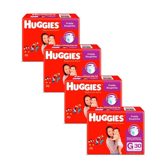 Kit 4 Fralda Roupinha Huggies Supreme Care Tamanho G Pacote Mega 30 Unidades Descartáveis Imagem de Kit 4 Fralda Roupinha Huggies Supreme Care Tamanho G Pacote Mega 30 Unidades Descartáveis