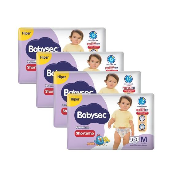 Kit 4 Fralda Shortinho Babysec Premium Tamanho M com 60 Fraldas Descartáveis Imagem de Kit 4 Fralda Shortinho Babysec Premium Tamanho M com 60 Fraldas Descartáveis