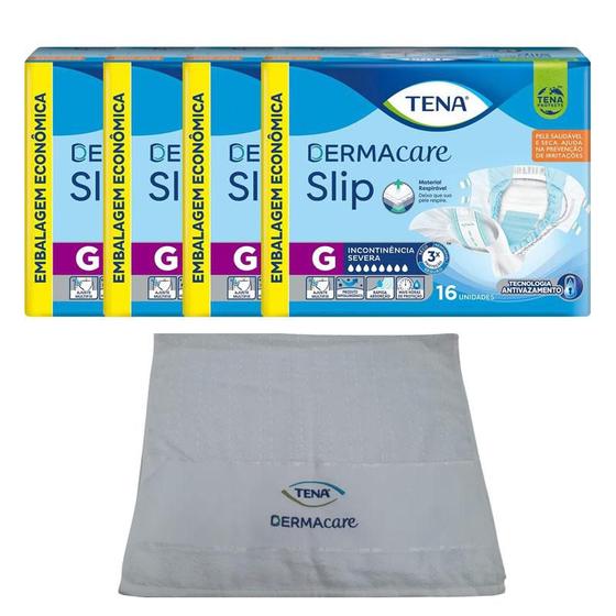 Imagem de Kit 4 Fraldas Geriátricas Tena Dermacare Slip Ultra G com 16un + Brinde Toalha Dermcare Tena