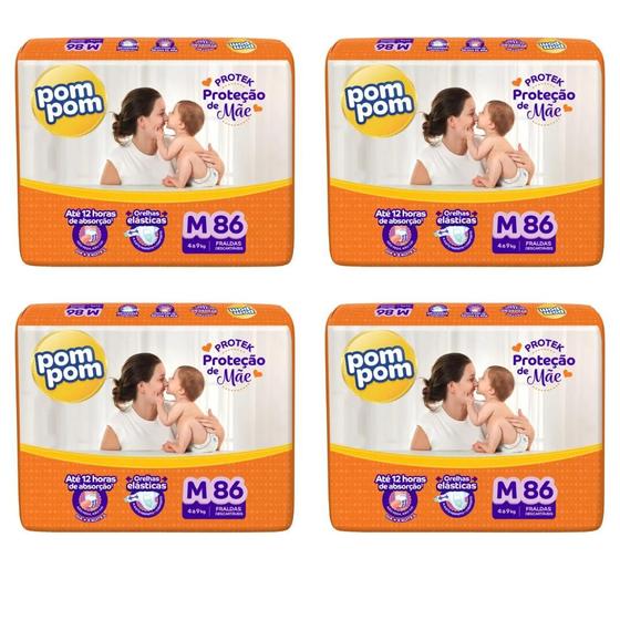 Imagem de KIT 4 Fraldas Pom Pom Derma Protek Hiper Tamanho M C/ 86 unidades
