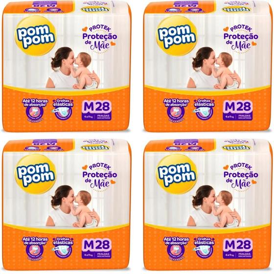 Imagem de KIT 4 Fraldas Pom Pom Derma Protek Jumbo Tamanho M 28 unidades