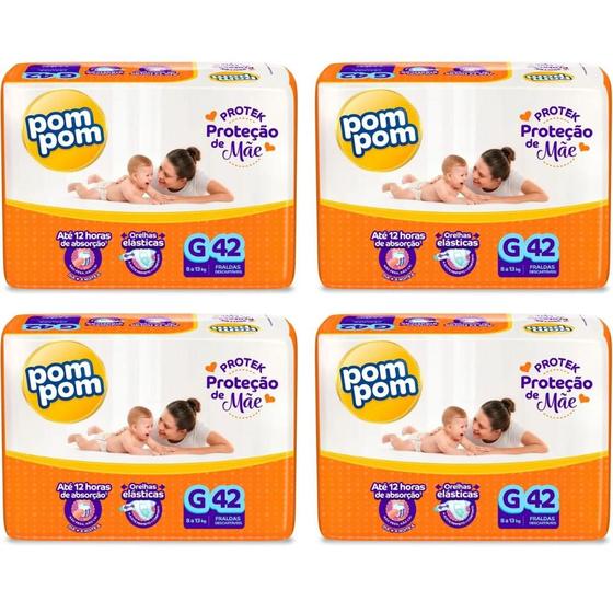 Imagem de KIT 4 Fraldas Pom Pom Derma Protek Mega Tamanho G C/ 42 Unidades