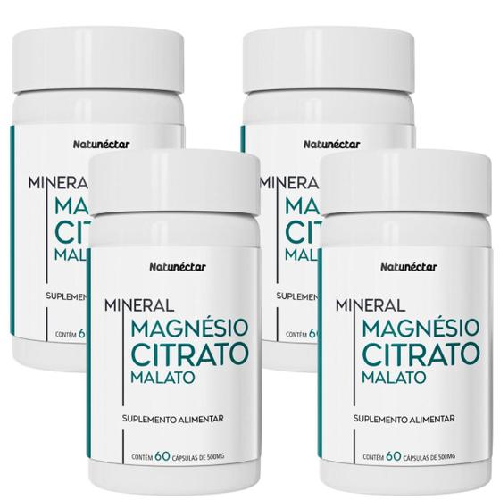 Imagem de Kit 4 Frascos Mineral 2 em 1 Magnésio De Malato e Citrato Duo Natunectar 240 Capsulas 500mg Blend Mix Magnesium Citrate Malate